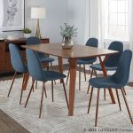 Folia Pebble Mid-Century Modern Walnut and Blue Dining Set 7 Folia Pebble Mid-Century Modern Walnut and Blue Dining Set