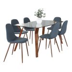 Folia Pebble Mid-Century Modern Walnut and Blue Dining Set 9 Folia Pebble Mid-Century Modern Walnut and Blue Dining Set