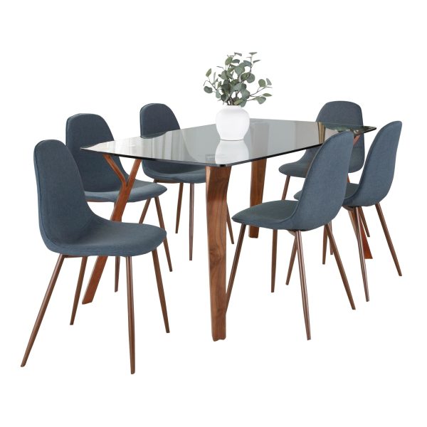 Folia Pebble Mid Century Modern Walnut and Blue Dining Set 2