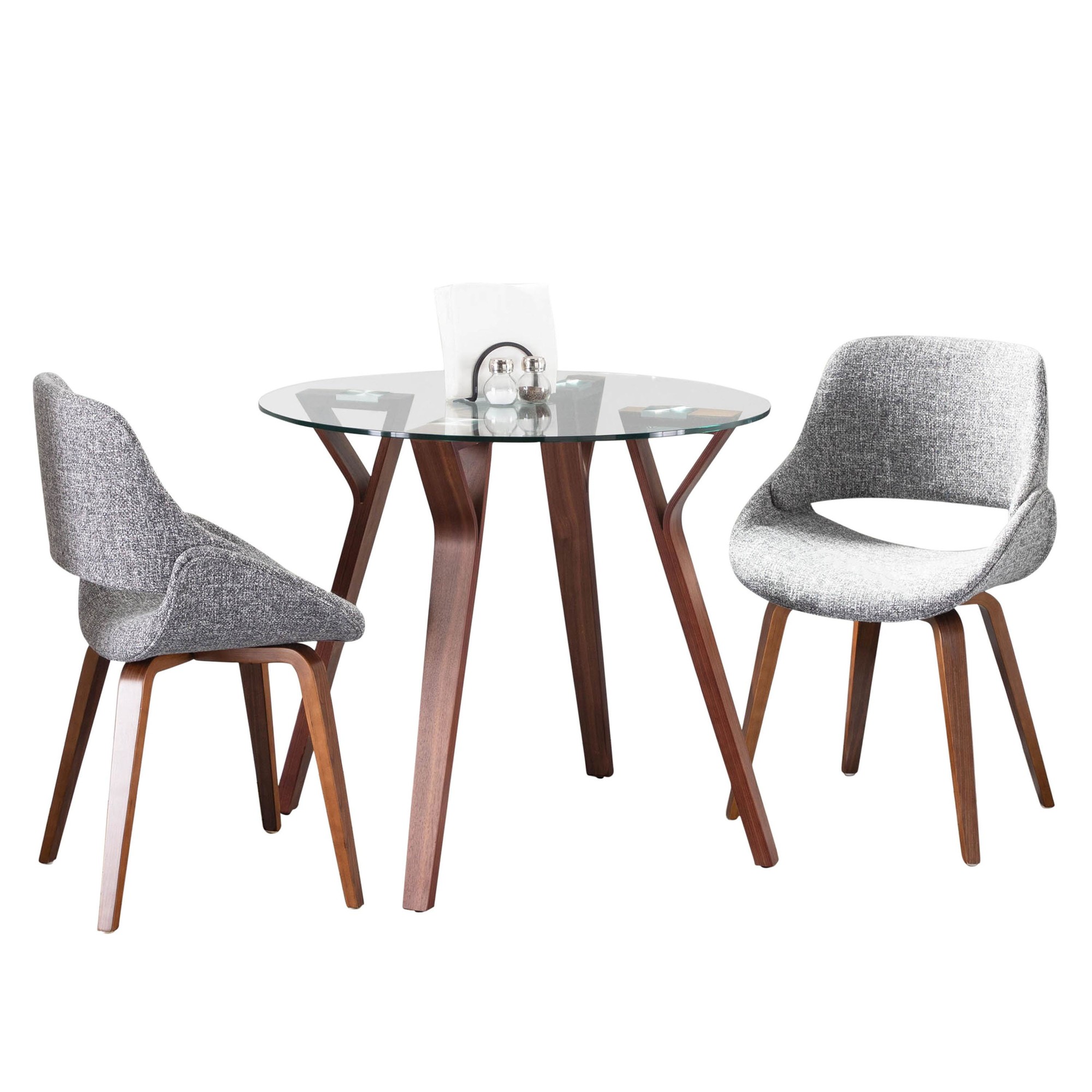 Folia Round Mid-Century Dining Set in Walnut, Clear Glass, and Grey Fabric by LumiSource (3 Piece) 2 Folia Round Mid-Century Dining Set in Walnut, Clear Glass, and Grey Fabric by LumiSource (3 Piece) - Image 2