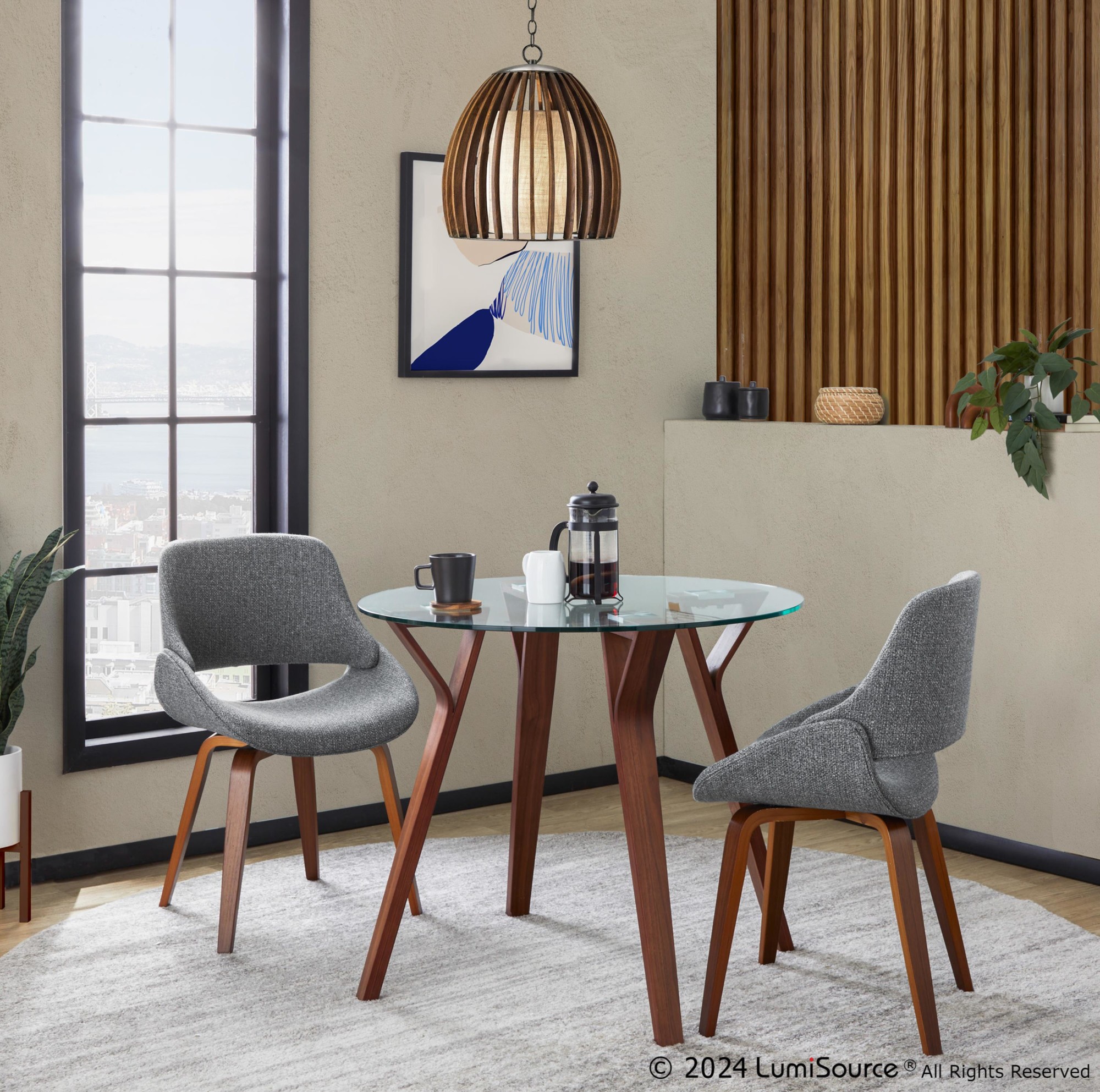 Folia Round Mid-Century Dining Set in Walnut, Clear Glass, and Grey Fabric by LumiSource (3 Piece) 1 Folia Round Mid-Century Dining Set in Walnut, Clear Glass, and Grey Fabric by LumiSource (3 Piece)