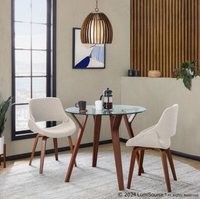 Folia Round Mid-Century Modern Dining Set in Walnut with Glass Top and Cream Chairs (3 Piece)