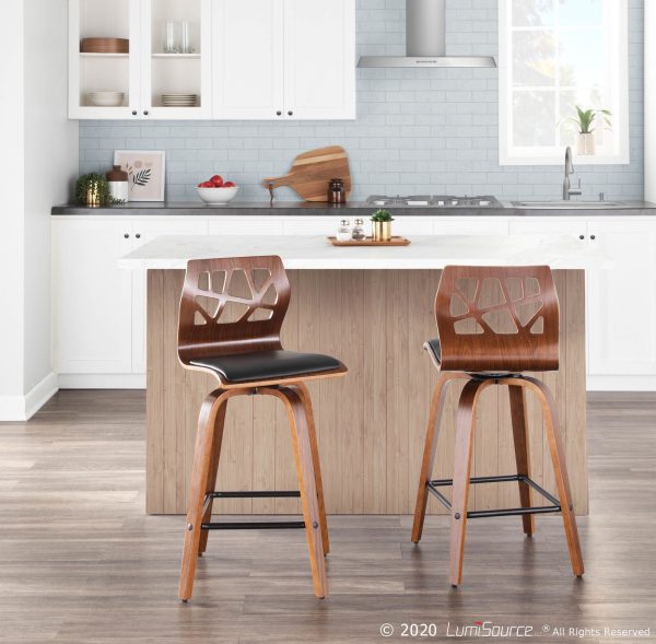 Folia Walnut Black Faux Leather Mid Century Counter Stools Set of 2 1