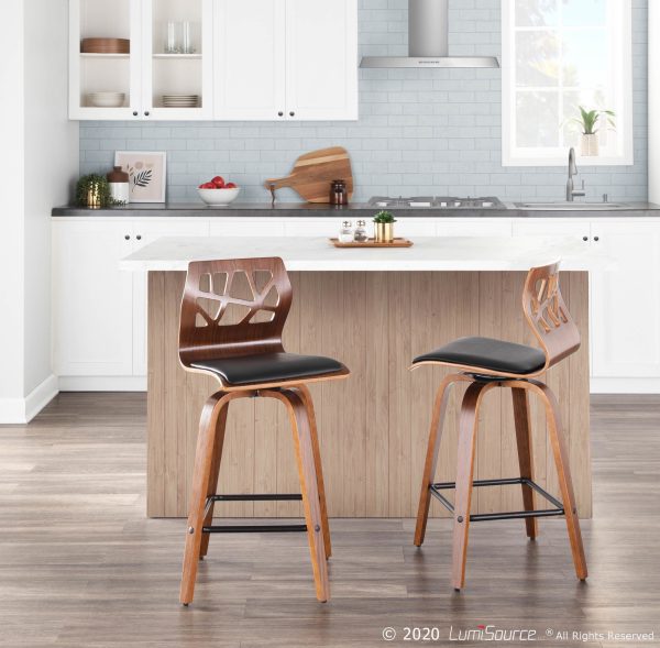 Folia Walnut Black Faux Leather Mid Century Counter Stools Set of 2 2
