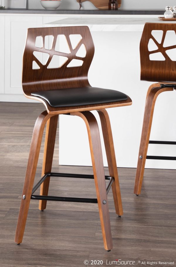 Folia Walnut Black Faux Leather Mid Century Counter Stools Set of 2