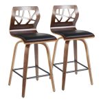 Folia Walnut Black Faux Leather Mid-Century Counter Stools (Set of 2) 24 Folia Walnut Black Faux Leather Mid-Century Counter Stools (Set of 2)