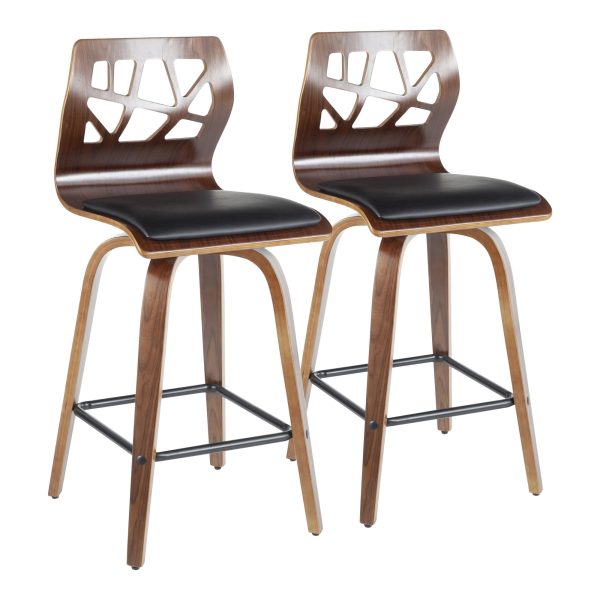 Folia Walnut Black Faux Leather Mid Century Counter Stools Set of 2 7