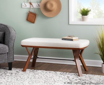Folia Walnut Wood Cream Fabric Mid-Century Modern Bench