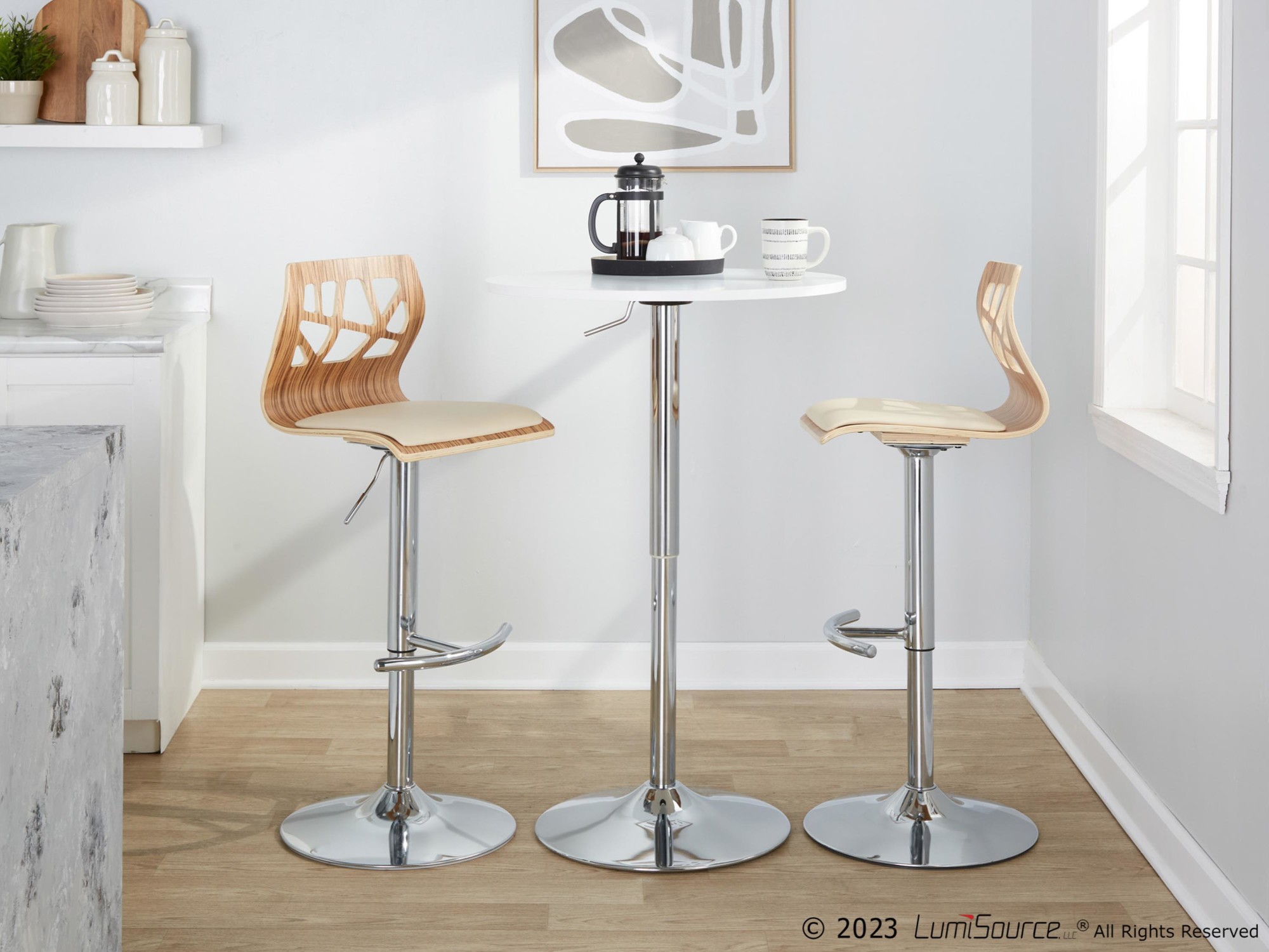 Folia Zebra Wood Cream Faux Leather Mid-Century Barstool (Set of 2) 3 Folia Zebra Wood Cream Faux Leather Mid-Century Barstool (Set of 2) - Image 3
