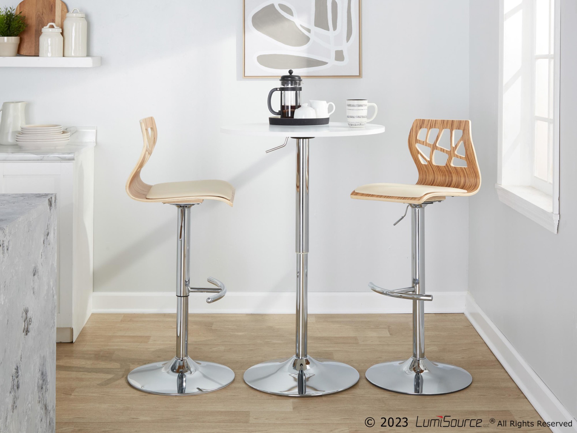 Folia Zebra Wood Cream Faux Leather Mid-Century Barstool (Set of 2) 4 Folia Zebra Wood Cream Faux Leather Mid-Century Barstool (Set of 2) - Image 4