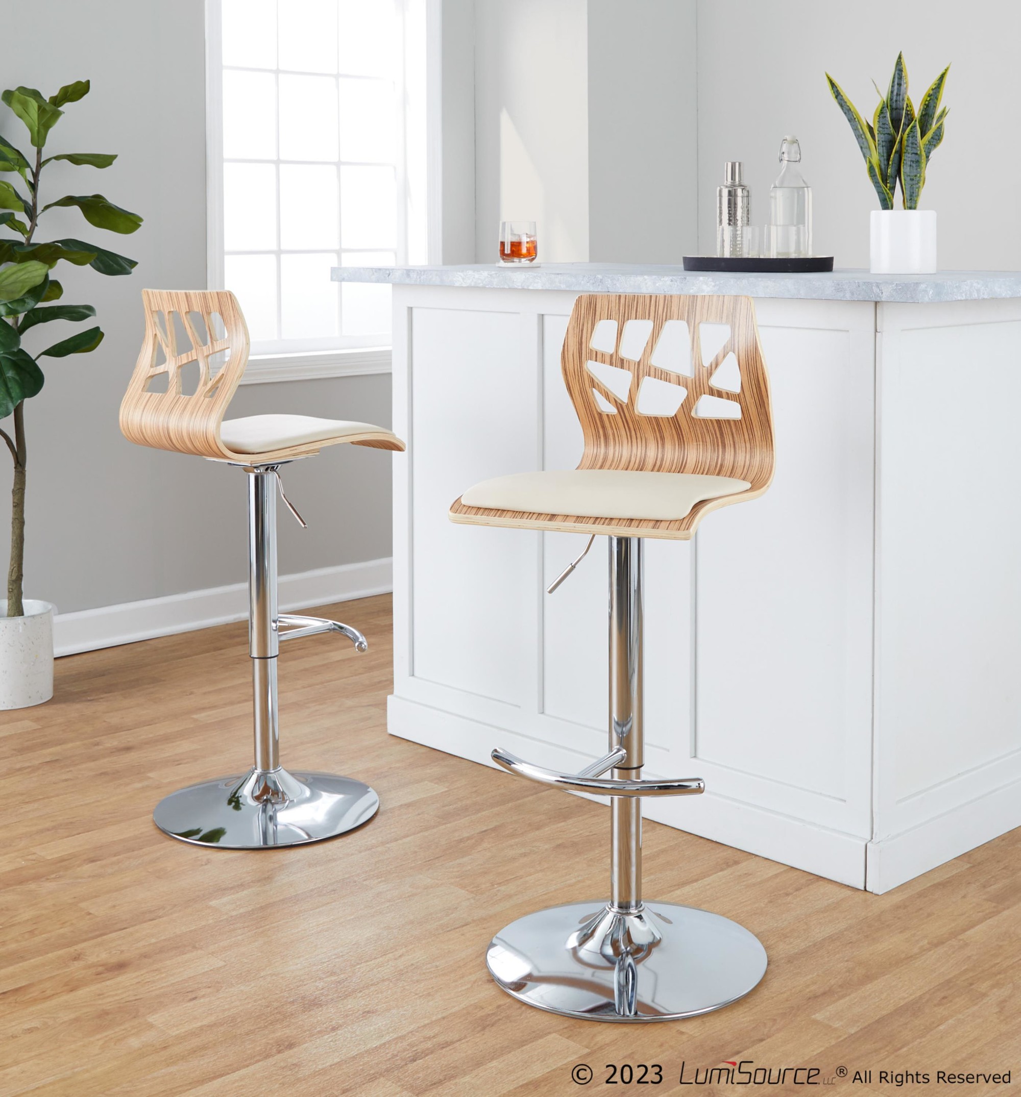 Folia Zebra Wood Cream Faux Leather Mid-Century Barstool (Set of 2) 1 Folia Zebra Wood Cream Faux Leather Mid-Century Barstool (Set of 2)