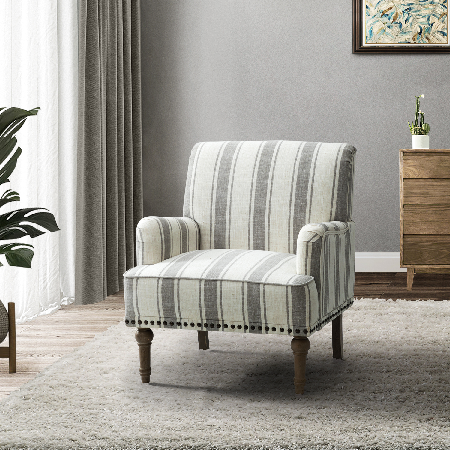 Forli Grey Stripe Farmhouse Armchair with Nailhead Trim 1 Forli Grey Stripe Farmhouse Armchair with Nailhead Trim