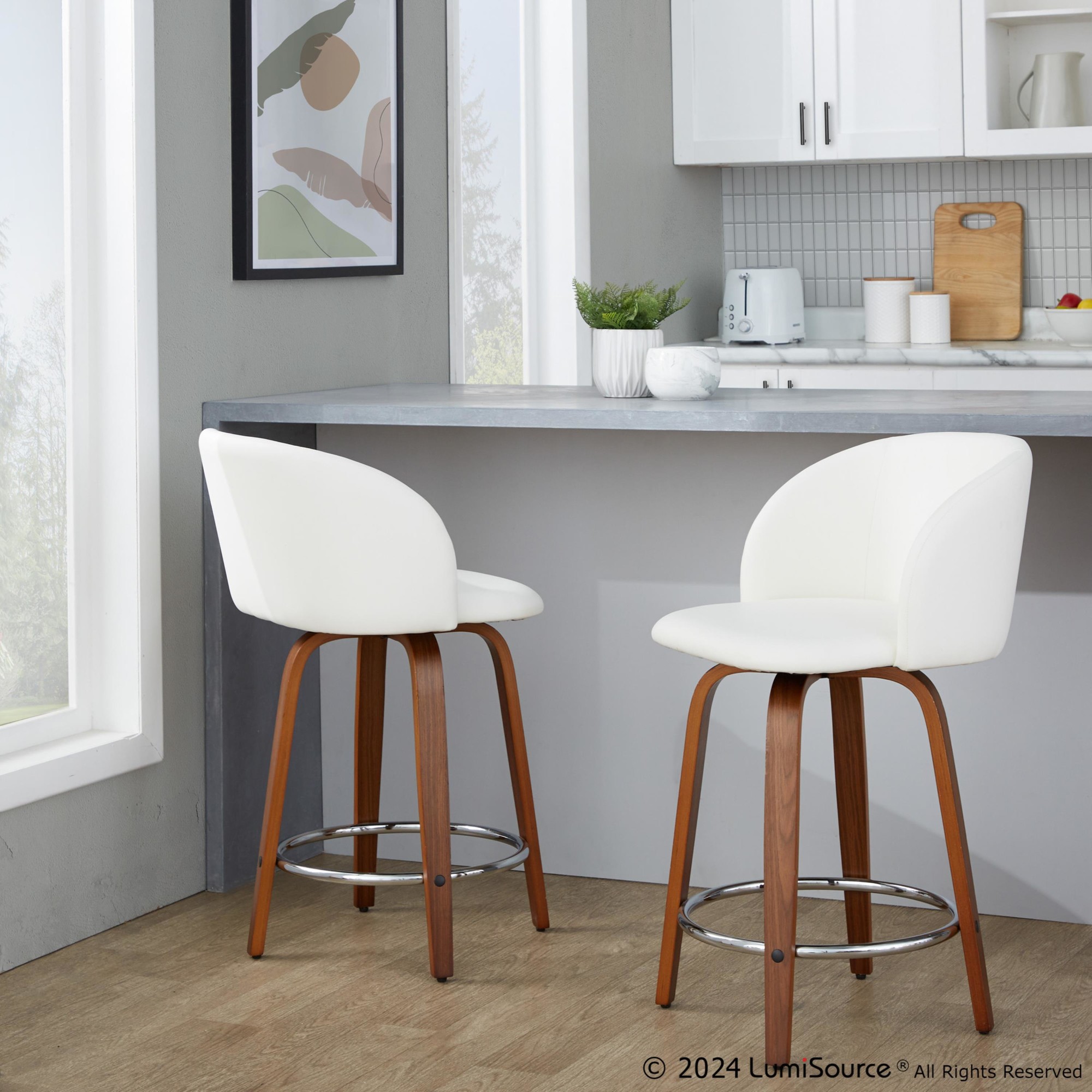 Fran 24 Walnut White Mid-Century Modern Swivel Stools (Set of 2) 2 Fran 24 Walnut White Mid-Century Modern Swivel Stools (Set of 2) - Image 2