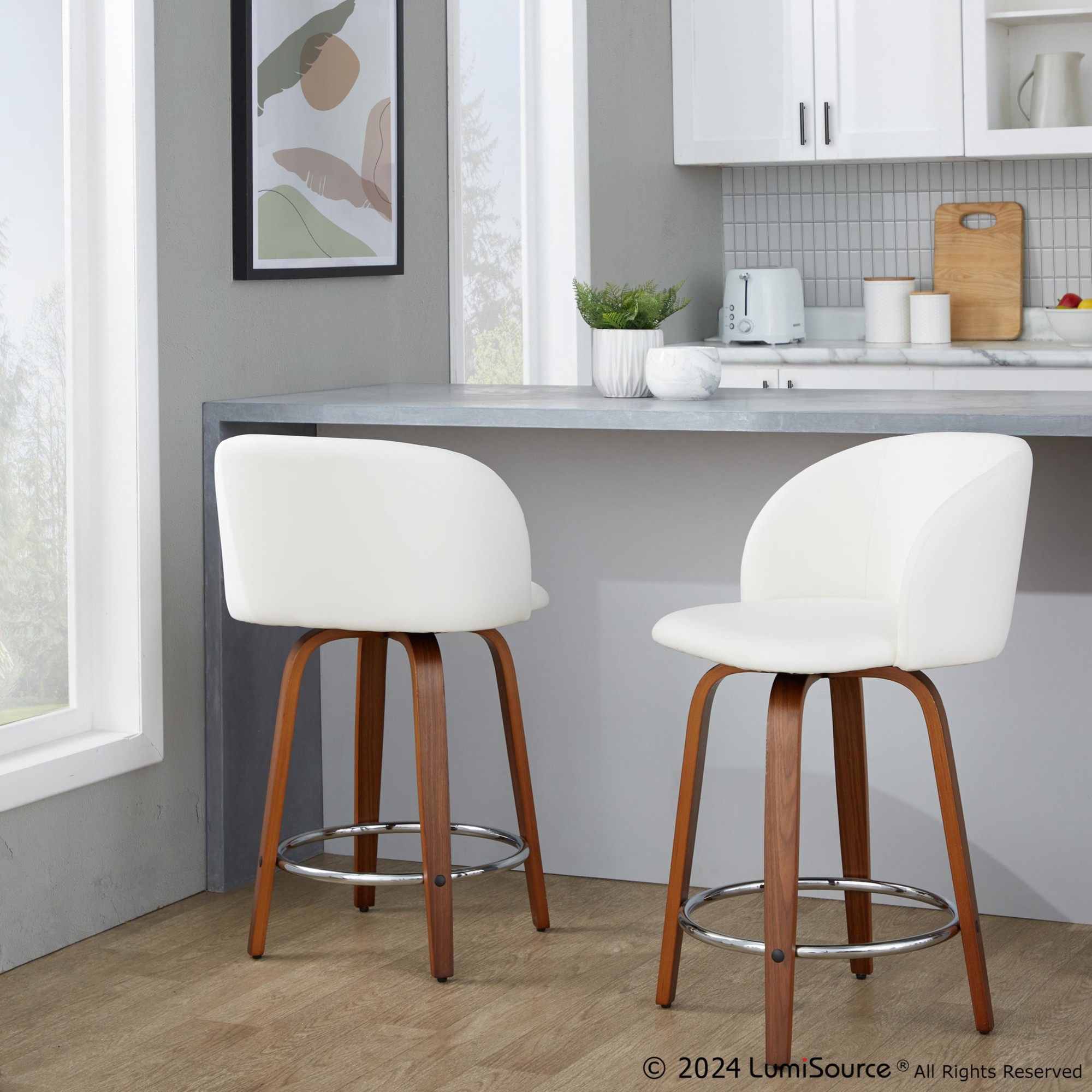 Fran 24 Walnut White Mid-Century Modern Swivel Stools (Set of 2) 1 Fran 24 Walnut White Mid-Century Modern Swivel Stools (Set of 2)
