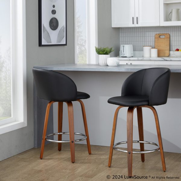 Fran 25 Mid Century Modern Walnut Black Swivel Stools Set of 2 1