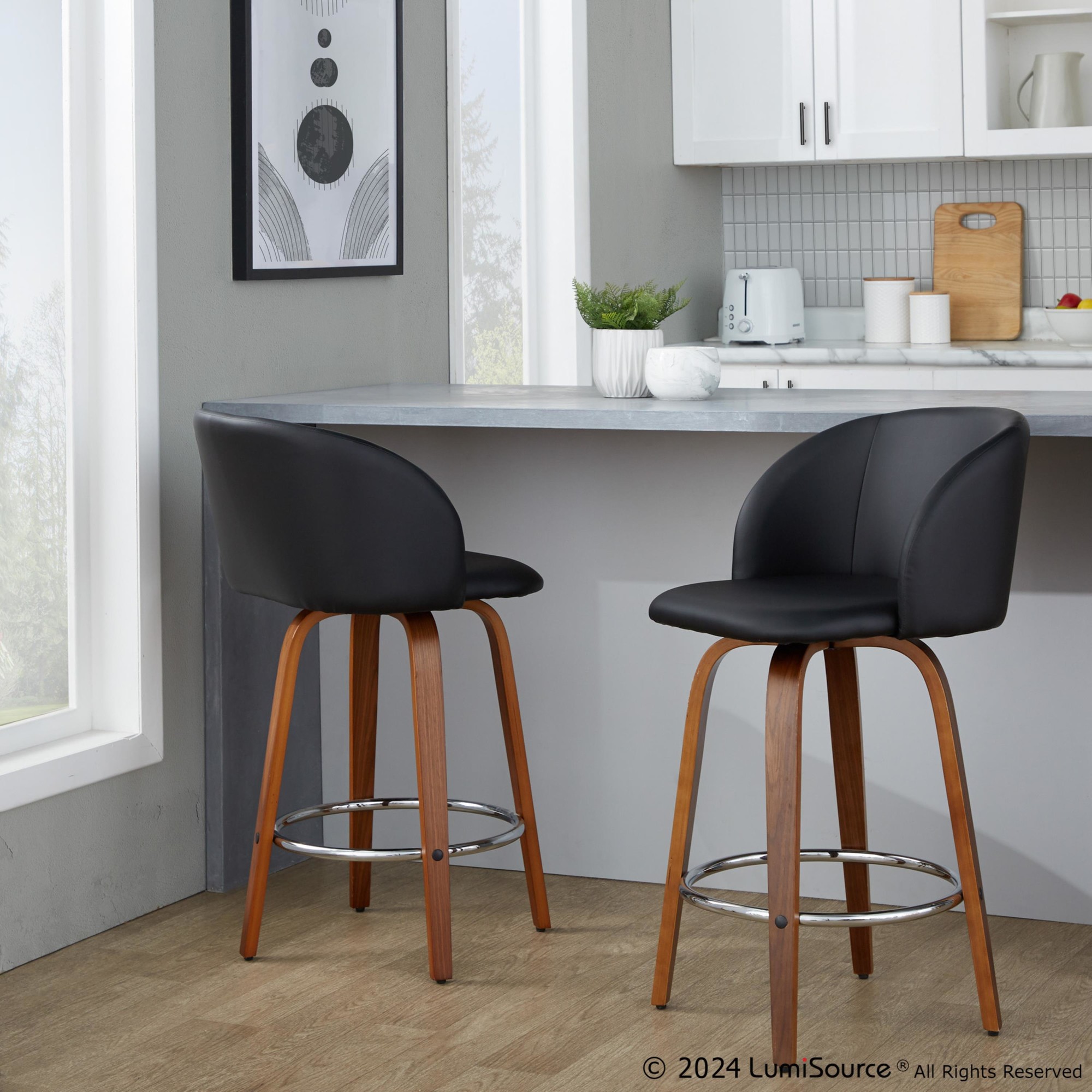 Fran 25 Mid-Century Modern Walnut Black Swivel Stools (Set of 2) 2 Fran 25 Mid-Century Modern Walnut Black Swivel Stools (Set of 2) - Image 2
