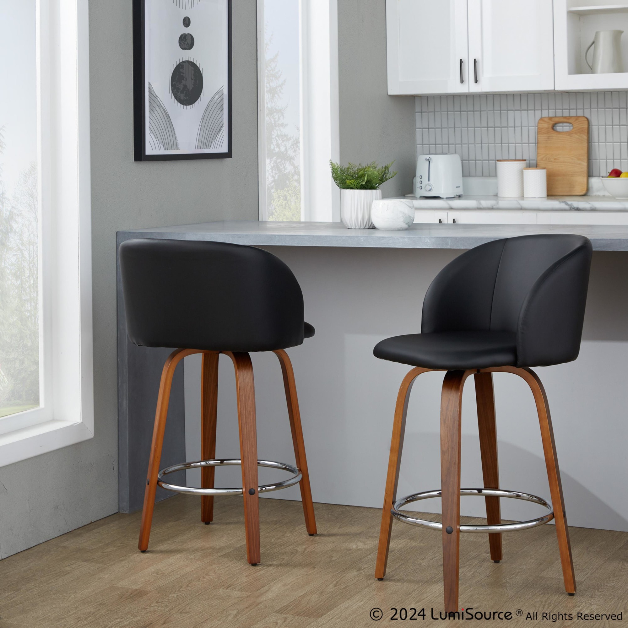 Fran 25 Mid-Century Modern Walnut Black Swivel Stools (Set of 2) 1 Fran 25 Mid-Century Modern Walnut Black Swivel Stools (Set of 2)