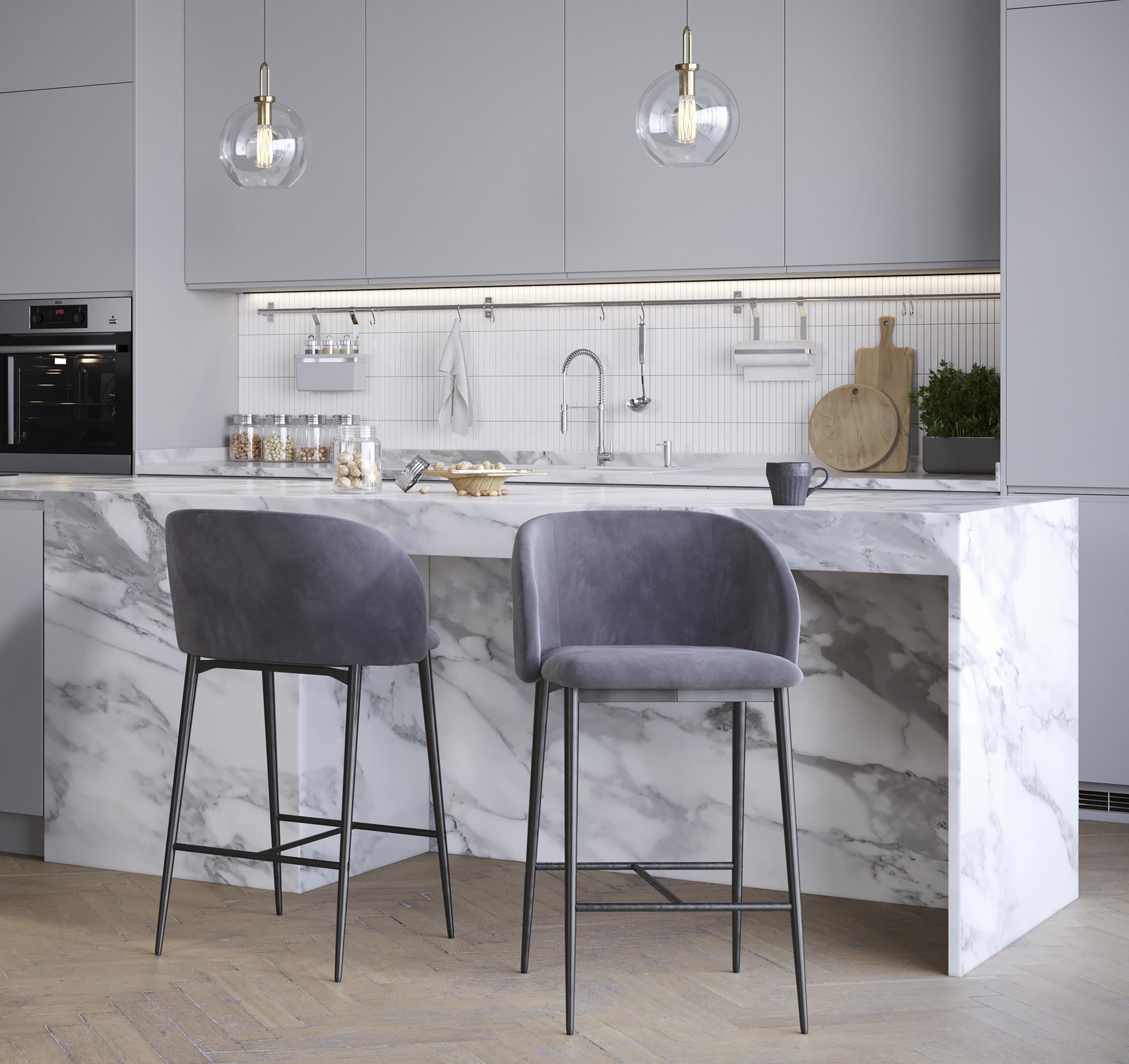 Fran 26 Black Metal Grey Velvet Contemporary Counter Stools (Set of 2) 1 Fran 26 Black Metal Grey Velvet Contemporary Counter Stools (Set of 2)
