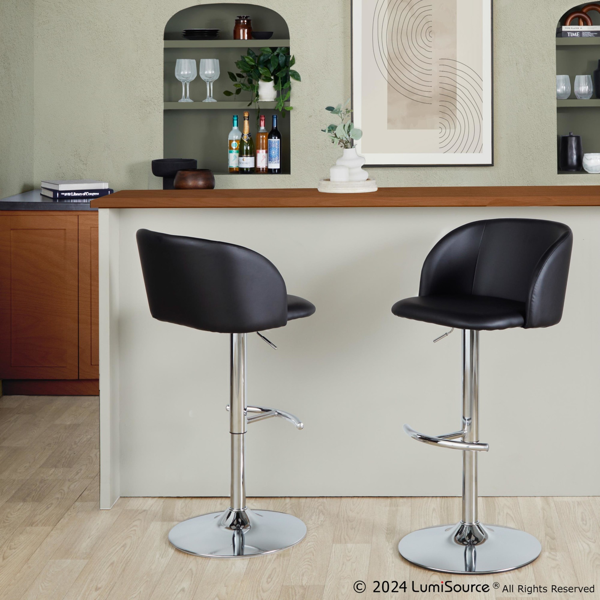 Fran Black Faux Leather Chrome Contemporary Adjustable Barstool (Set of 2) 2 Fran Black Faux Leather Chrome Contemporary Adjustable Barstool (Set of 2) - Image 2