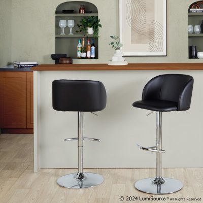 Fran Black Faux Leather Chrome Contemporary Adjustable Barstool (Set of 2)