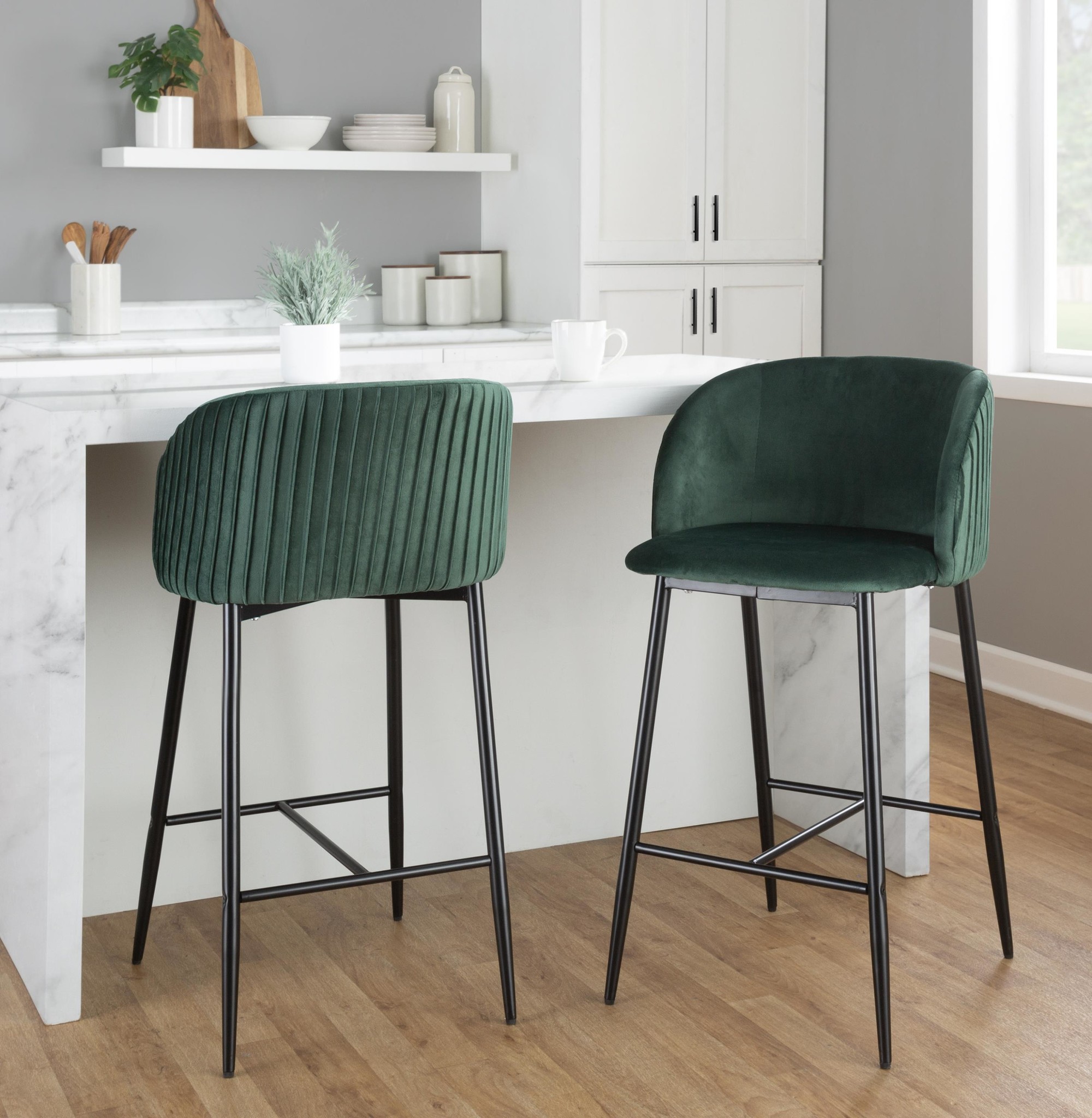 Fran Black Metal Green Velvet Pleated Counter Stools (Set of 2) 1 Fran Black Metal Green Velvet Pleated Counter Stools (Set of 2)