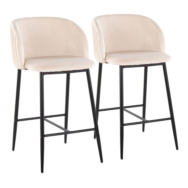 Fran Black Metal White Velvet Pleated Counter Stools Set of 2 1