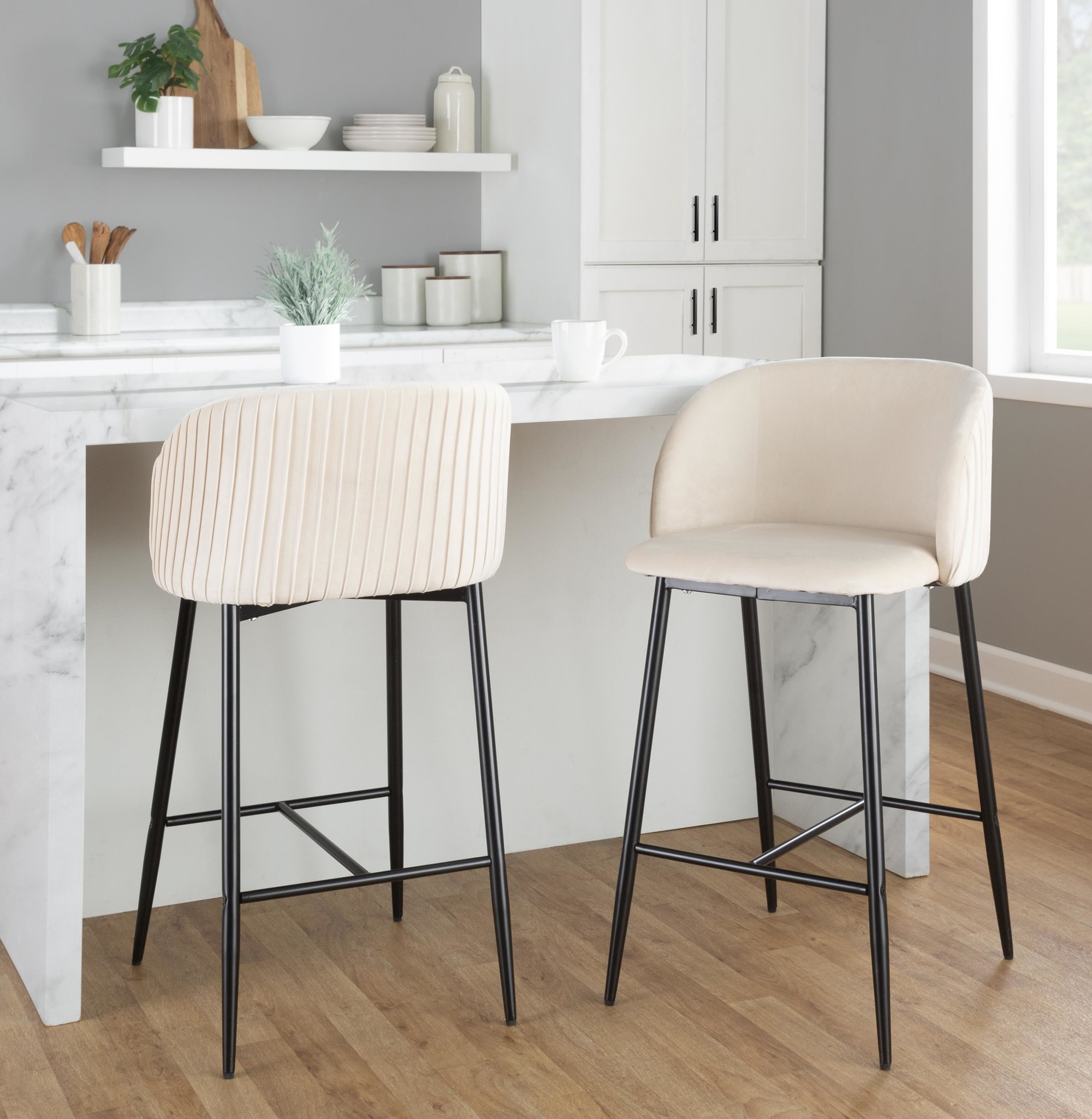 Fran Black Metal White Velvet Pleated Counter Stools (Set of 2) 1 Fran Black Metal White Velvet Pleated Counter Stools (Set of 2)