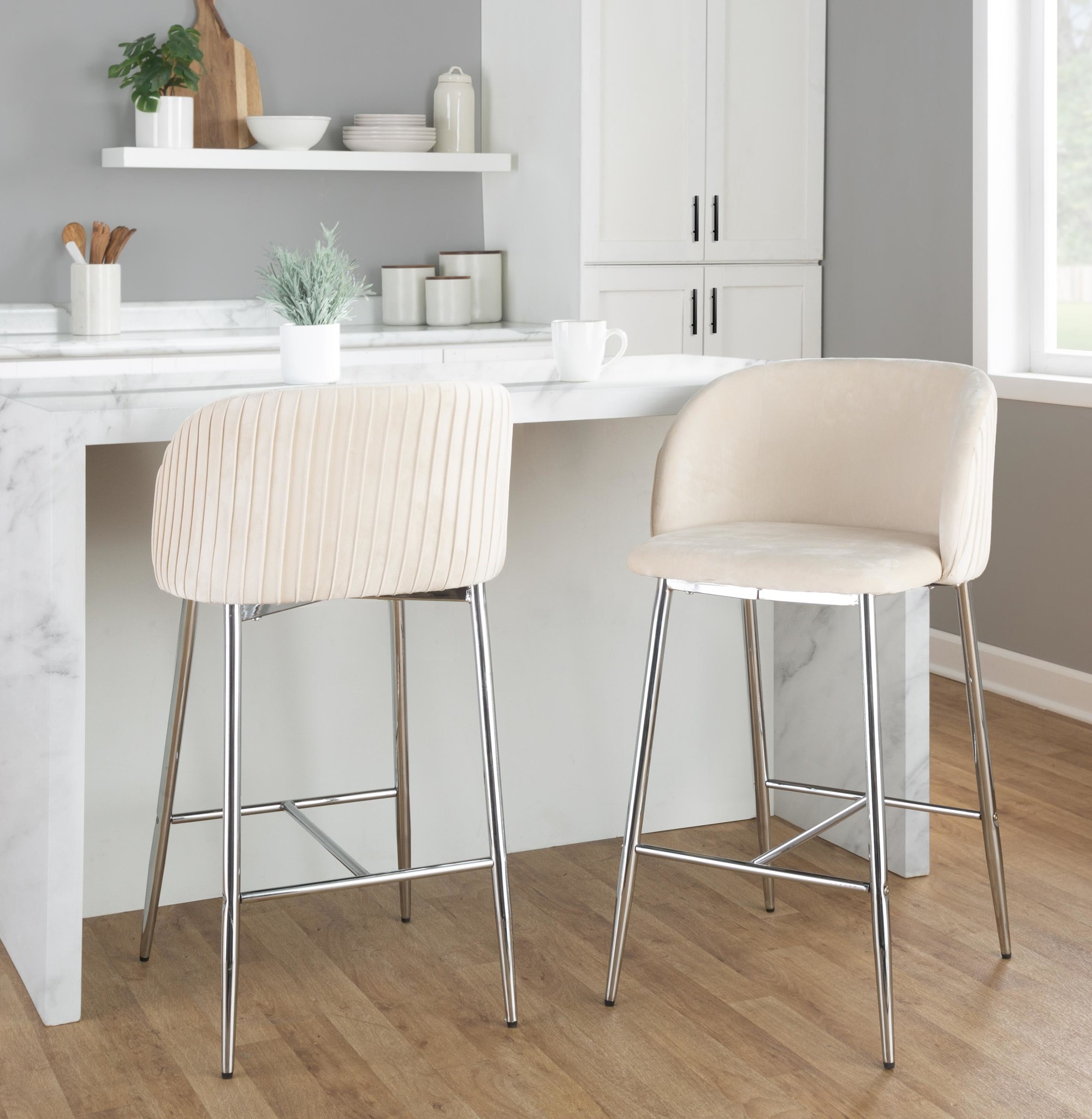 Fran Chrome Metal White Velvet Contemporary Counter Stools (Set of 2) 2 Fran Chrome Metal White Velvet Contemporary Counter Stools (Set of 2) - Image 2