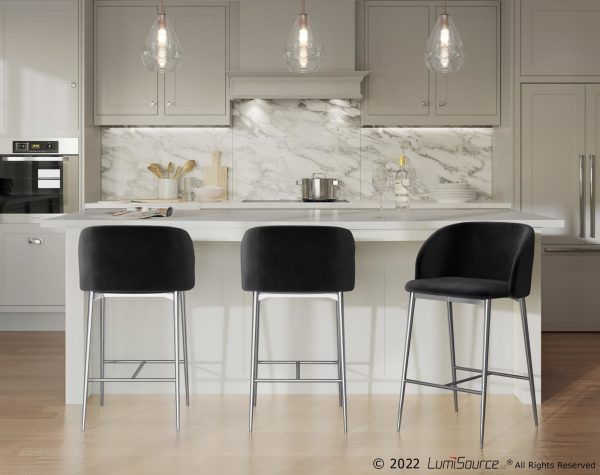 Fran Chrome and Black Velvet Contemporary Counter Stool Set of 2 1