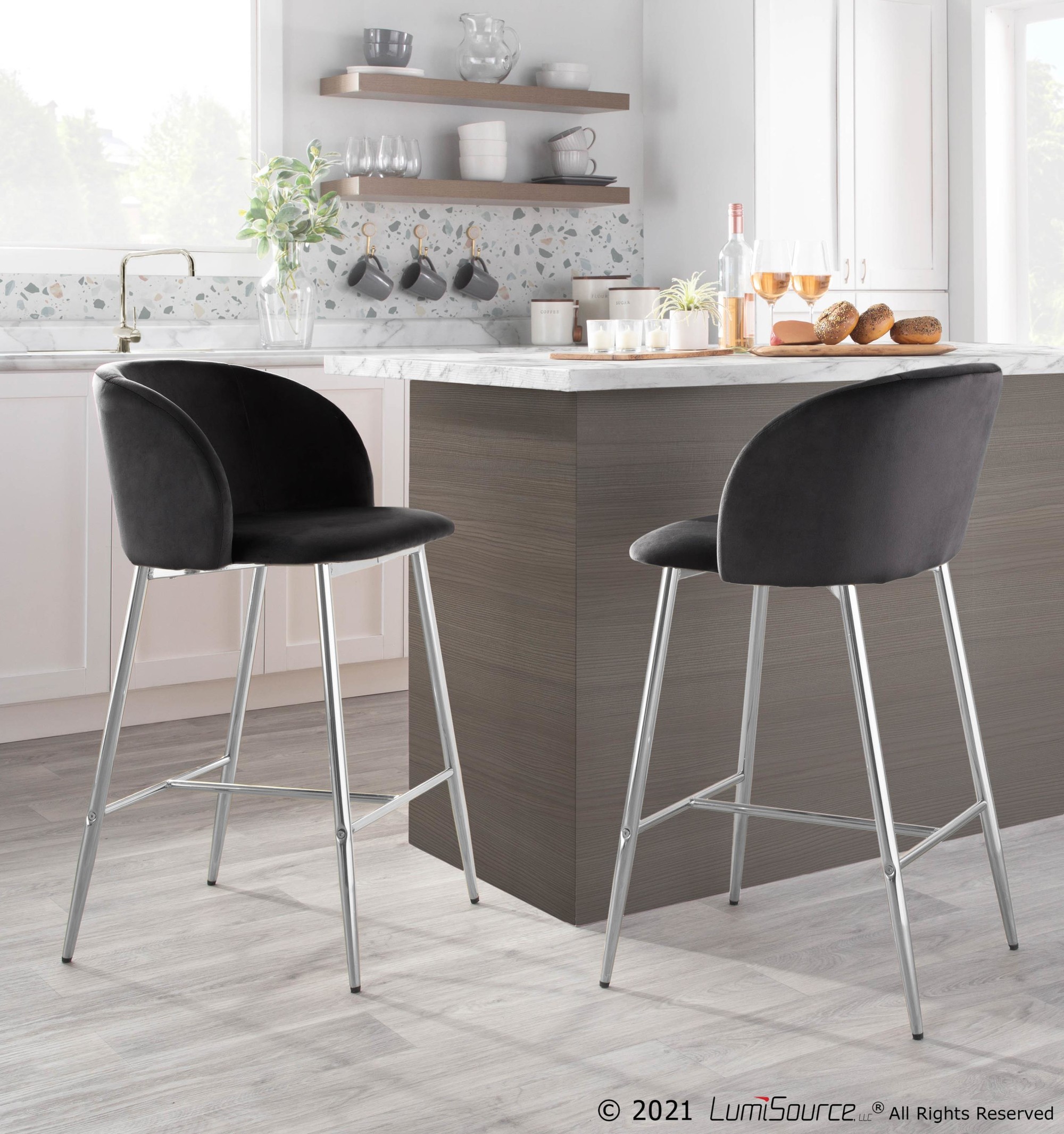 Fran Chrome and Black Velvet Contemporary Counter Stool (Set of 2) 3 Fran Chrome and Black Velvet Contemporary Counter Stool (Set of 2) - Image 3