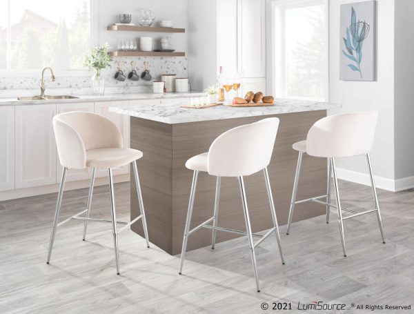Fran Chrome and Cream Velvet Contemporary Counter Stools Set of 2 1