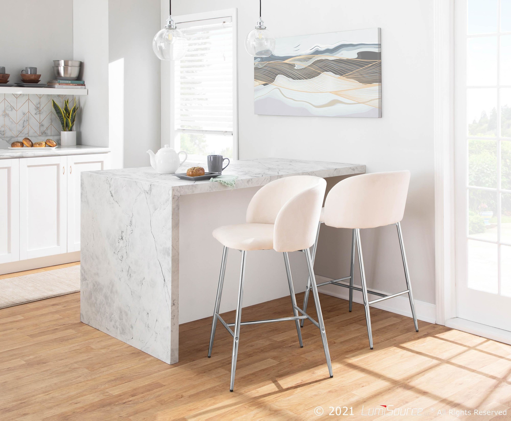 Fran Chrome and Cream Velvet Contemporary Counter Stools (Set of 2) 3 Fran Chrome and Cream Velvet Contemporary Counter Stools (Set of 2) - Image 3