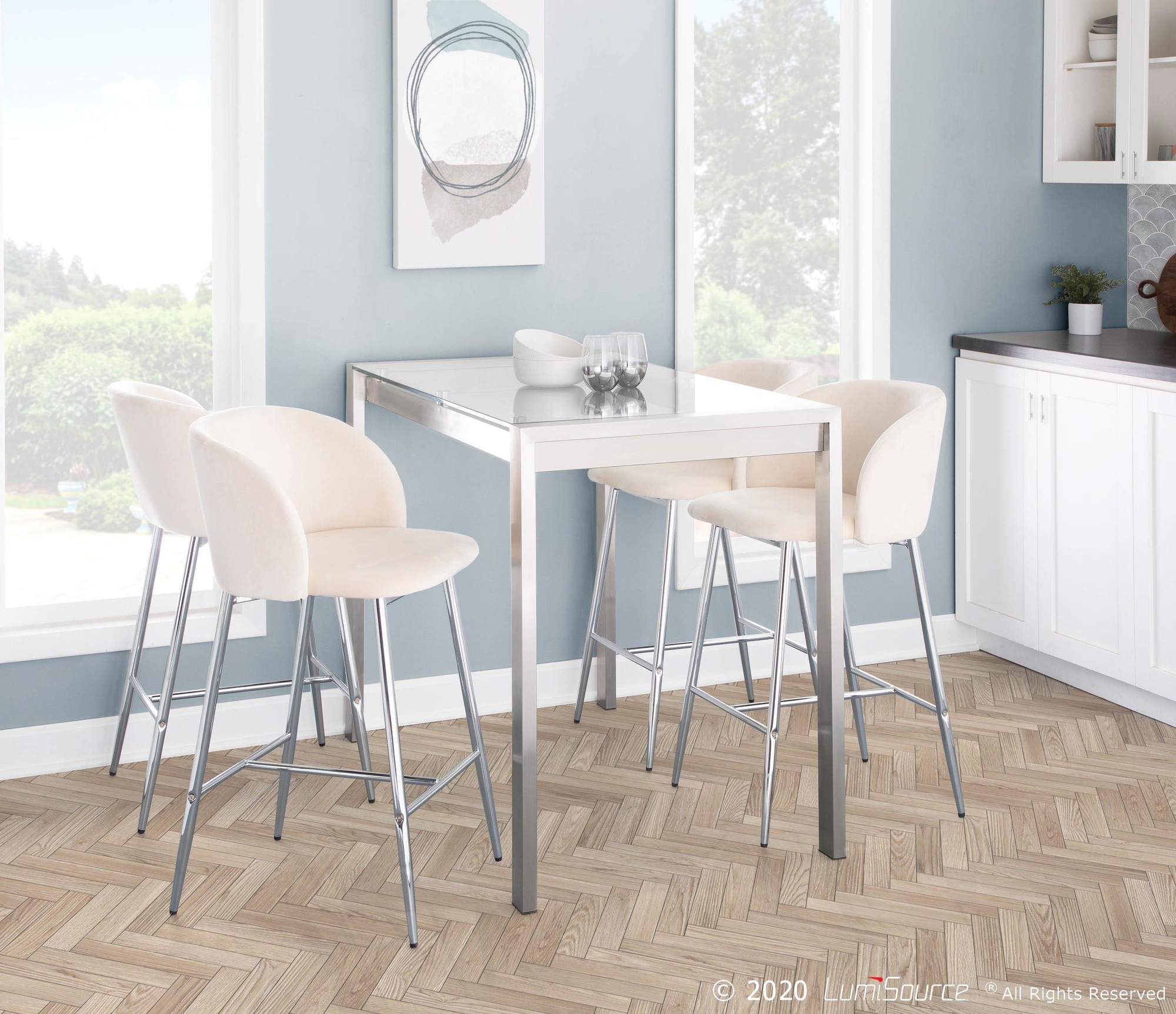 Fran Chrome and Cream Velvet Contemporary Counter Stools (Set of 2) 4 Fran Chrome and Cream Velvet Contemporary Counter Stools (Set of 2) - Image 4
