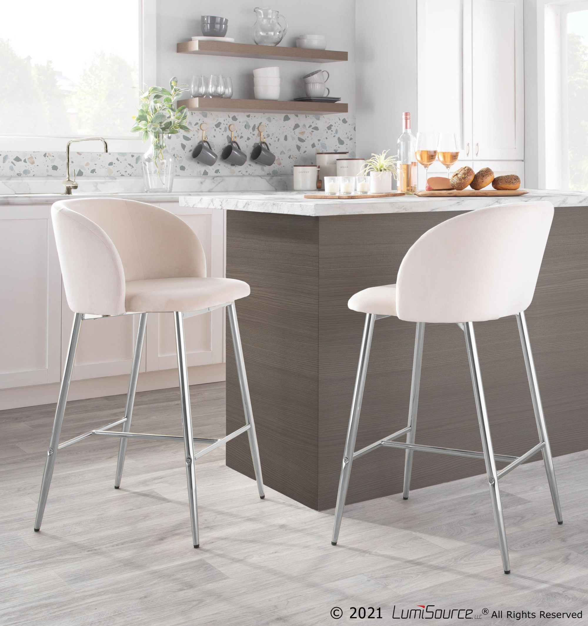 Fran Chrome and Cream Velvet Contemporary Counter Stools (Set of 2) 1 Fran Chrome and Cream Velvet Contemporary Counter Stools (Set of 2)