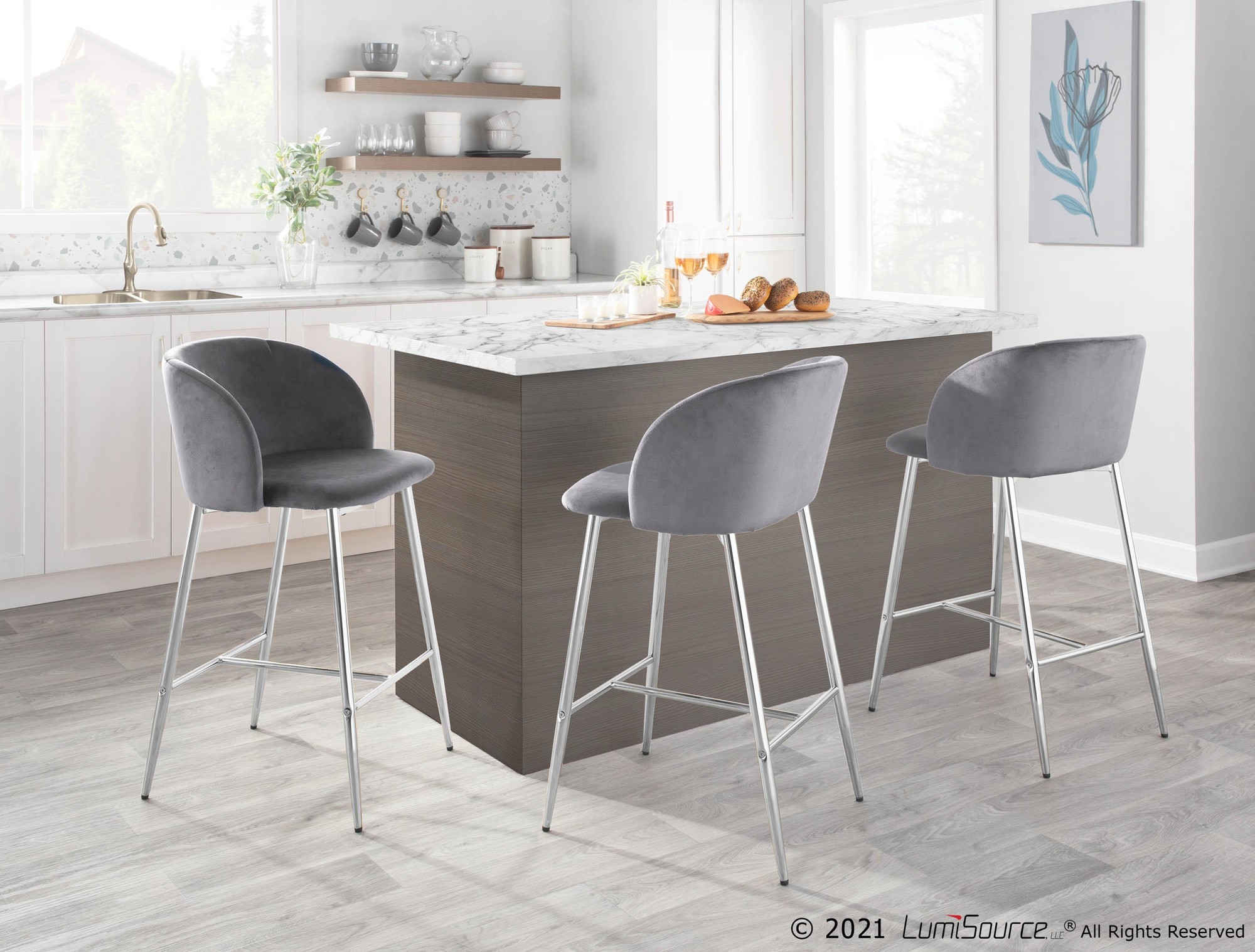 Fran Chrome and Grey Velvet Contemporary Counter Stool (Set of 2) 3 Fran Chrome and Grey Velvet Contemporary Counter Stool (Set of 2) - Image 3