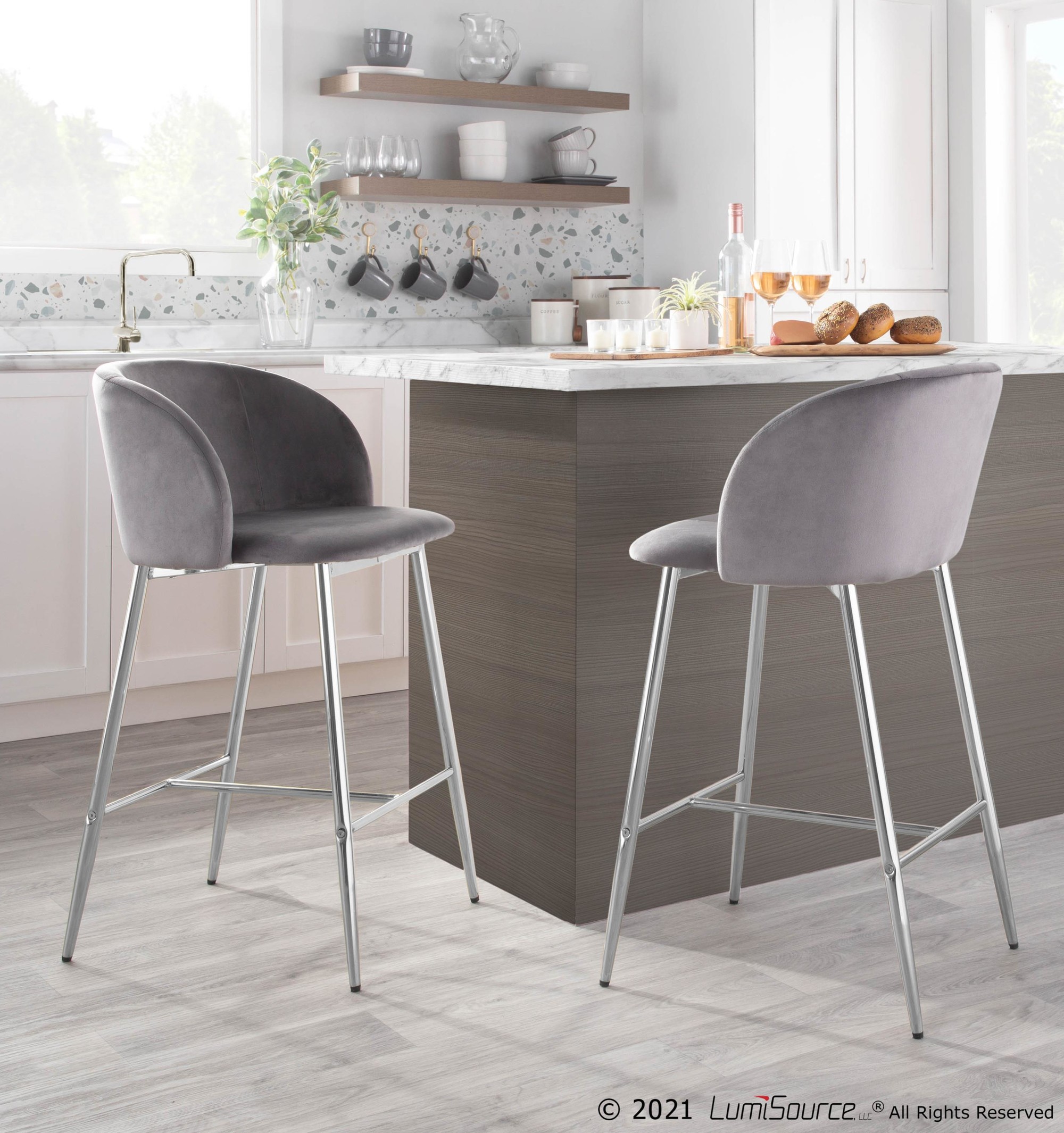 Fran Chrome and Grey Velvet Contemporary Counter Stool (Set of 2) 4 Fran Chrome and Grey Velvet Contemporary Counter Stool (Set of 2) - Image 4