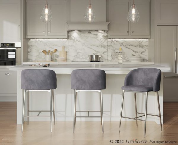 Fran Chrome and Grey Velvet Contemporary Counter Stool Set of 2