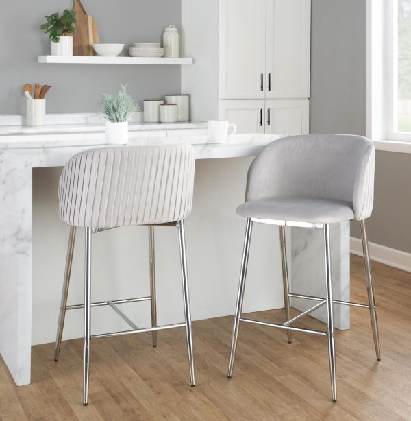 Fran Contemporary Pleated Velvet Counter Stool Chrome Silver Set of 2 Set of 2