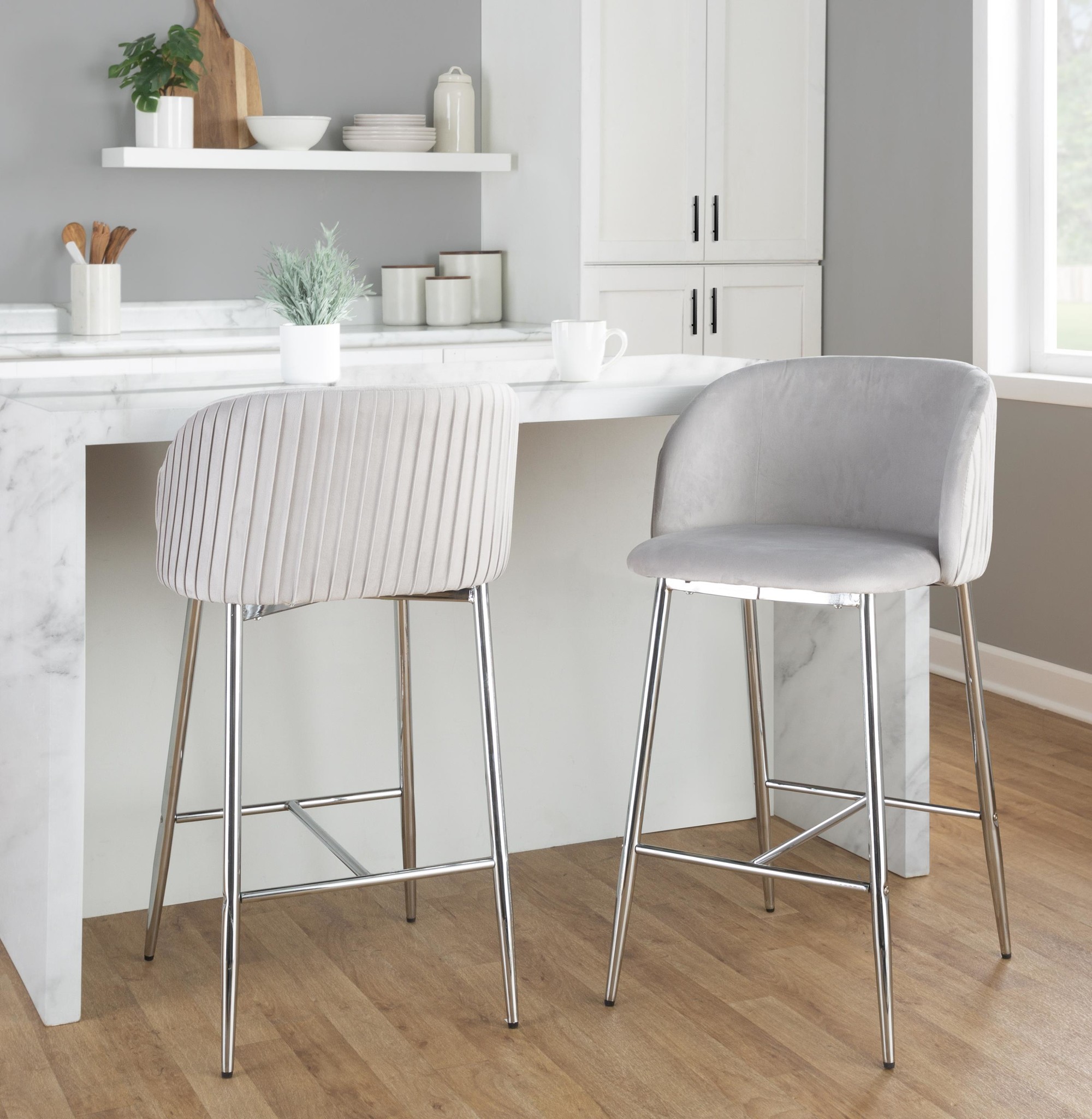 Fran Contemporary Pleated Velvet Counter Stool Chrome Silver (Set of 2) (Set of 2) 1 Fran Contemporary Pleated Velvet Counter Stool Chrome Silver (Set of 2) (Set of 2)