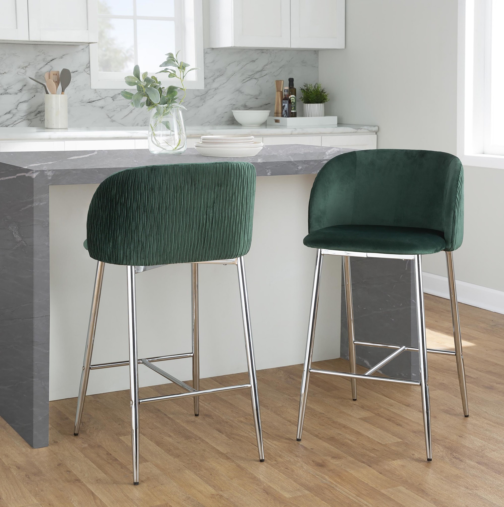 Fran Contemporary Velvet Counter Stool Chrome Green (Set of 2) (Set of 2) 1 Fran Contemporary Velvet Counter Stool Chrome Green (Set of 2) (Set of 2)