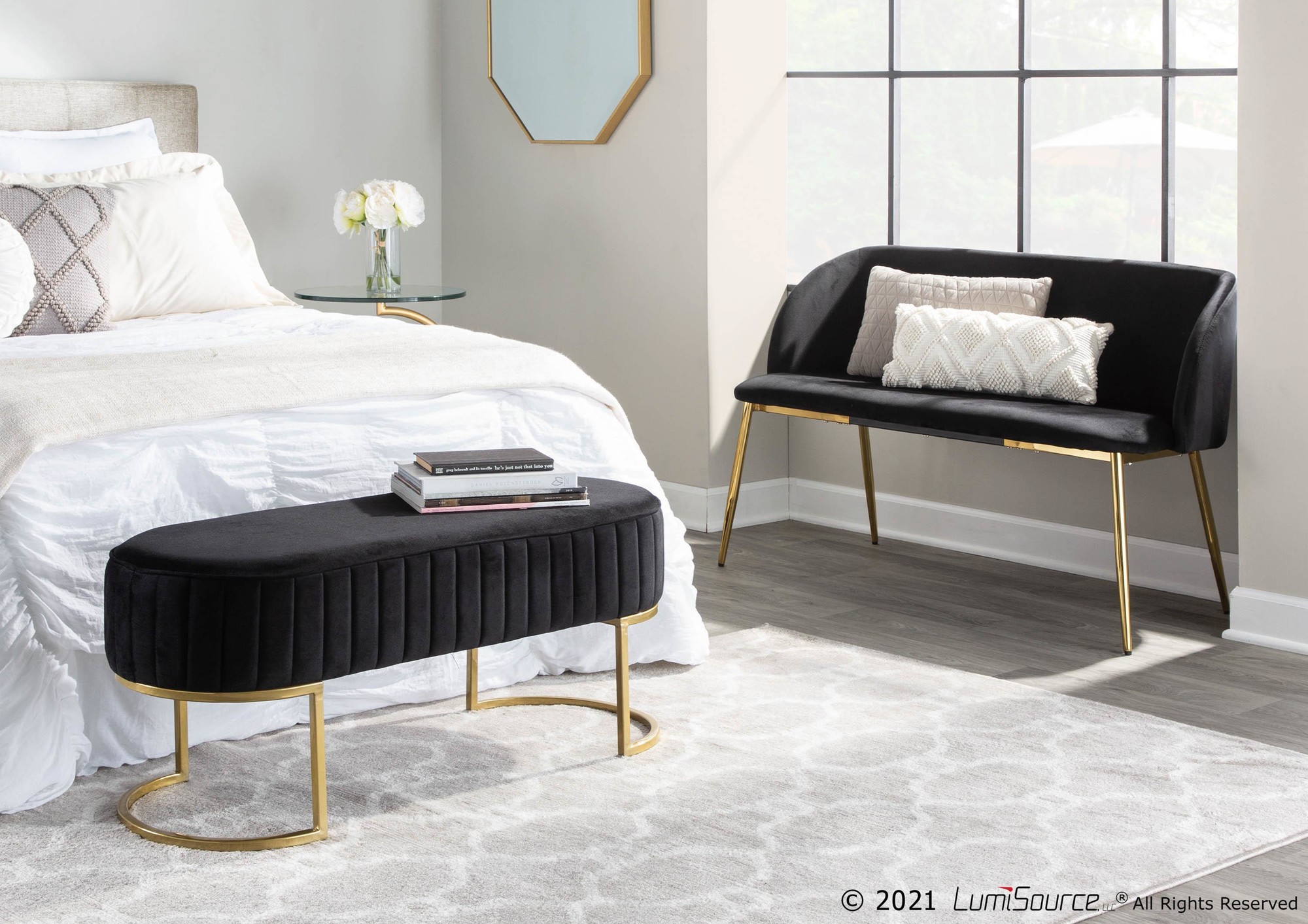 Fran Glam Black Velvet Gold Steel Bench 2 Fran Glam Black Velvet Gold Steel Bench - Image 2