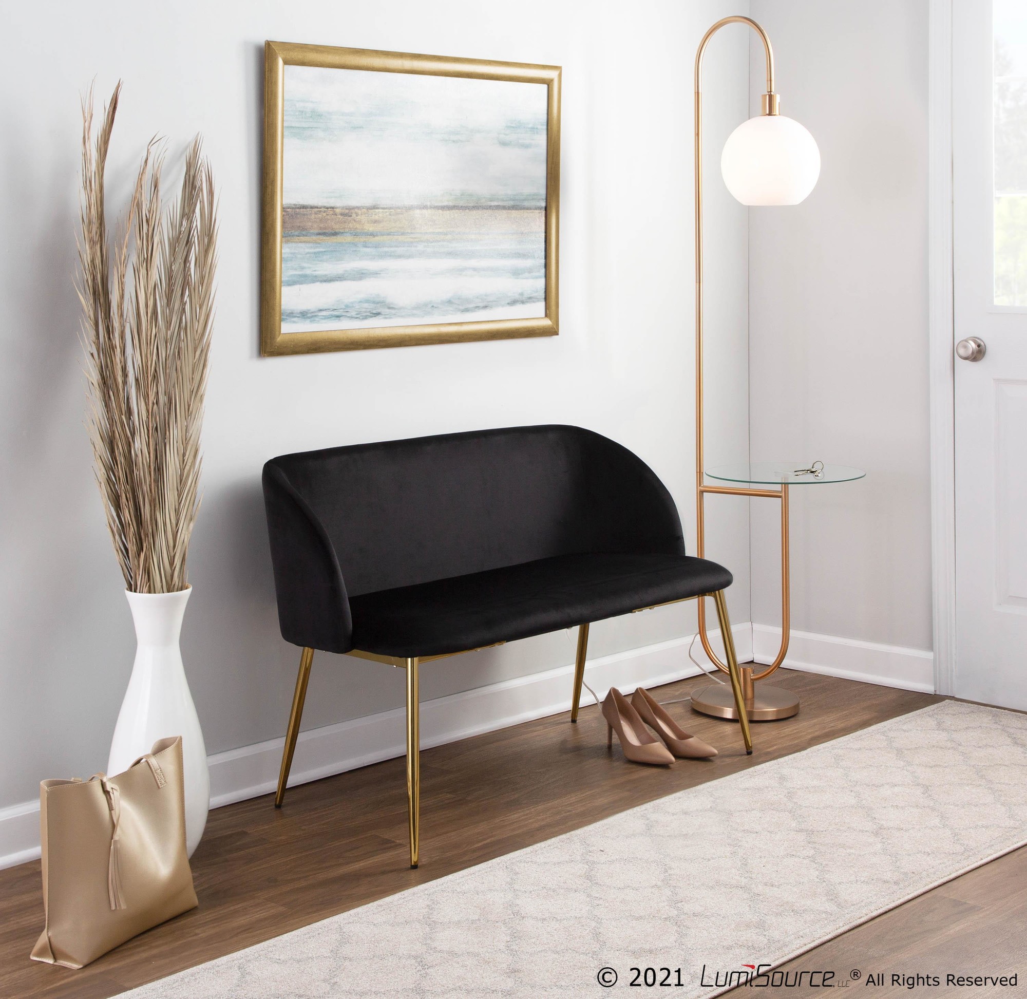 Fran Glam Black Velvet Gold Steel Bench 1 Fran Glam Black Velvet Gold Steel Bench
