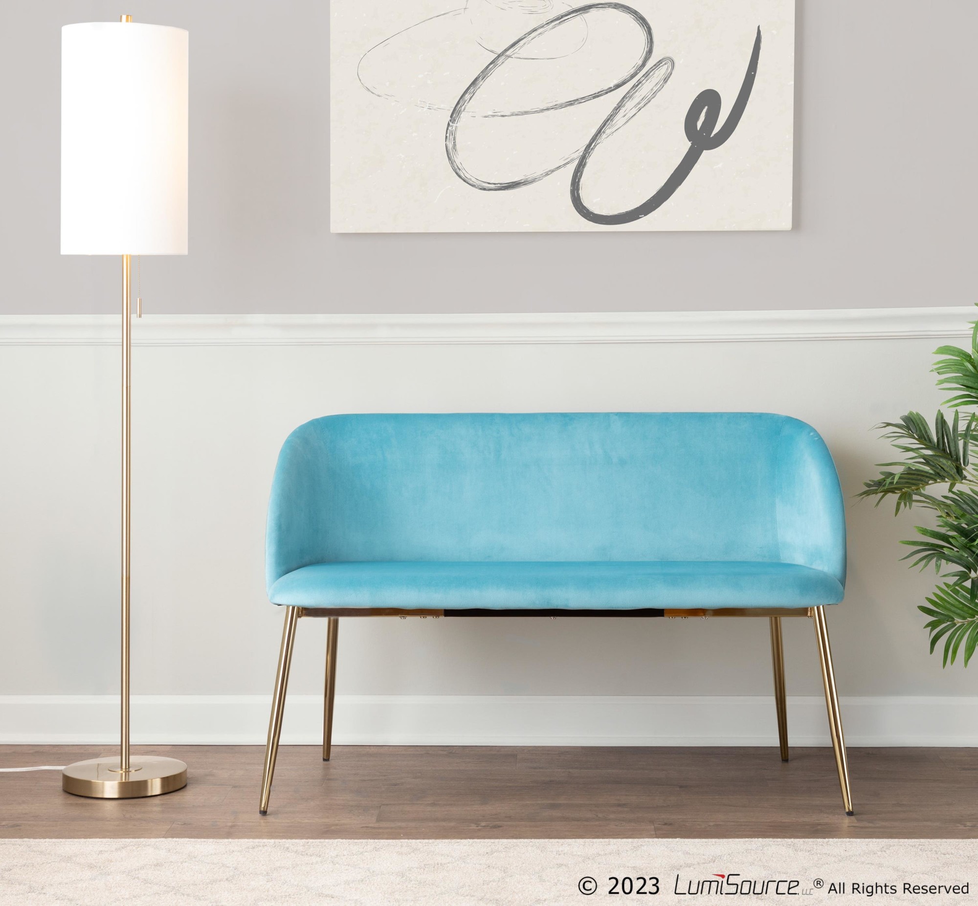 Fran Glam Light Blue Velvet Gold Metal Bench 2 Fran Glam Light Blue Velvet Gold Metal Bench - Image 2