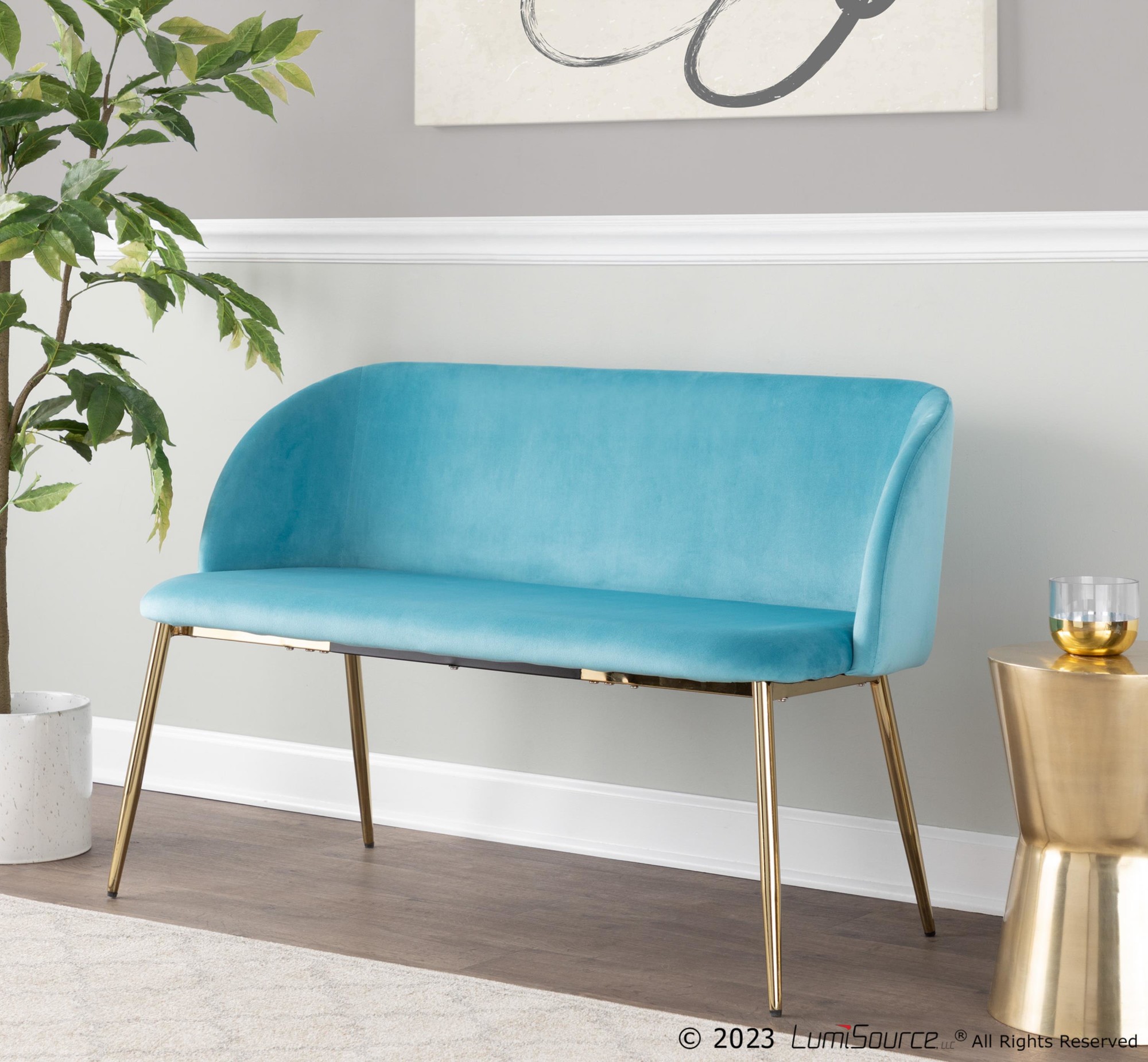 Fran Glam Light Blue Velvet Gold Metal Bench 1 Fran Glam Light Blue Velvet Gold Metal Bench