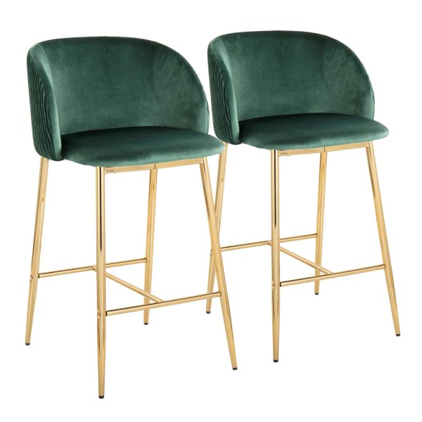 Fran Gold Green Velvet Pleated Counter Stools Set of 2 1