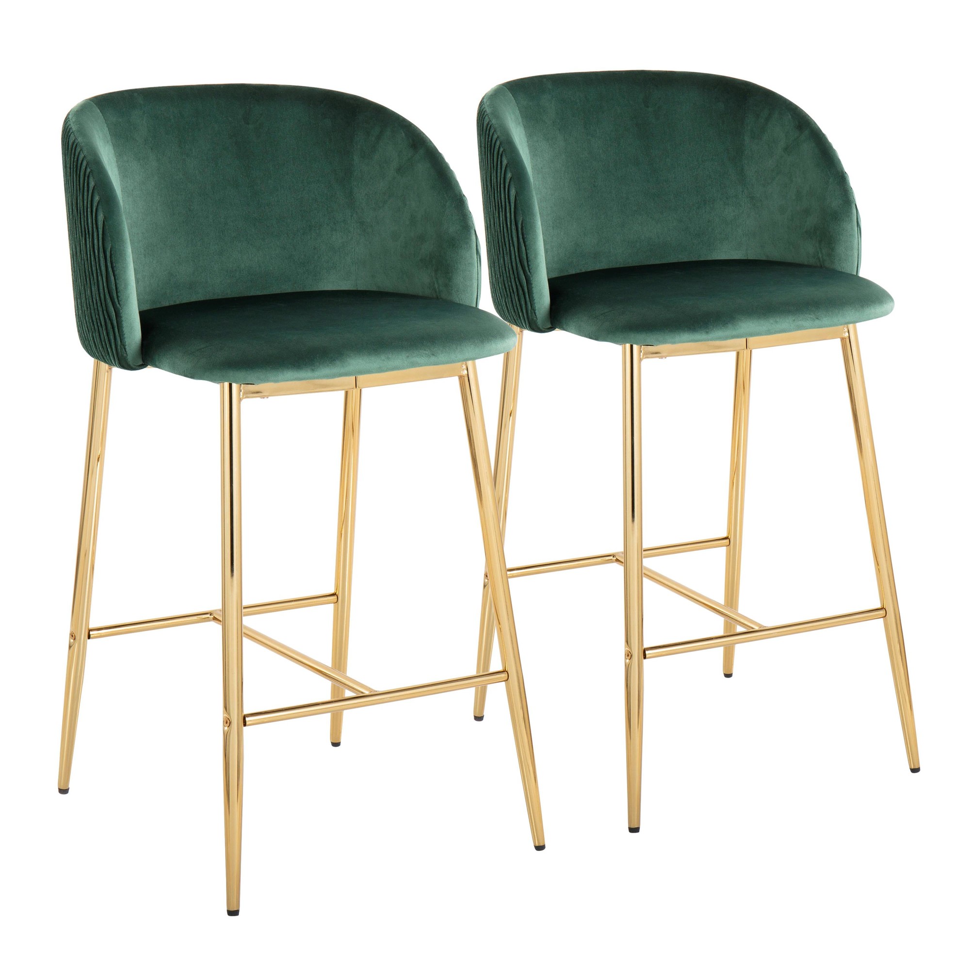 Fran Gold Green Velvet Pleated Counter Stools (Set of 2) 2 Fran Gold Green Velvet Pleated Counter Stools (Set of 2) - Image 2