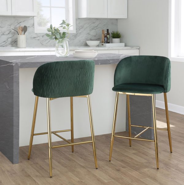 Fran Gold Green Velvet Pleated Counter Stools Set of 2