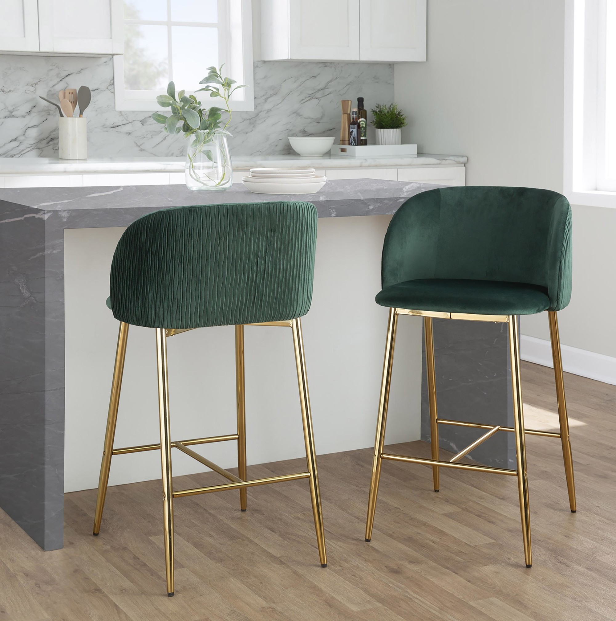 Fran Gold Green Velvet Pleated Counter Stools (Set of 2) 1 Fran Gold Green Velvet Pleated Counter Stools (Set of 2)
