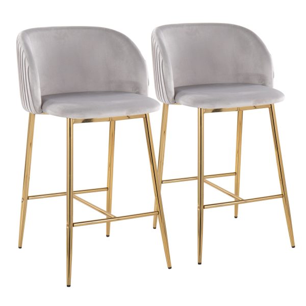 Fran Gold Silver Velvet Pleated Contemporary Counter Stools Set of 2 1
