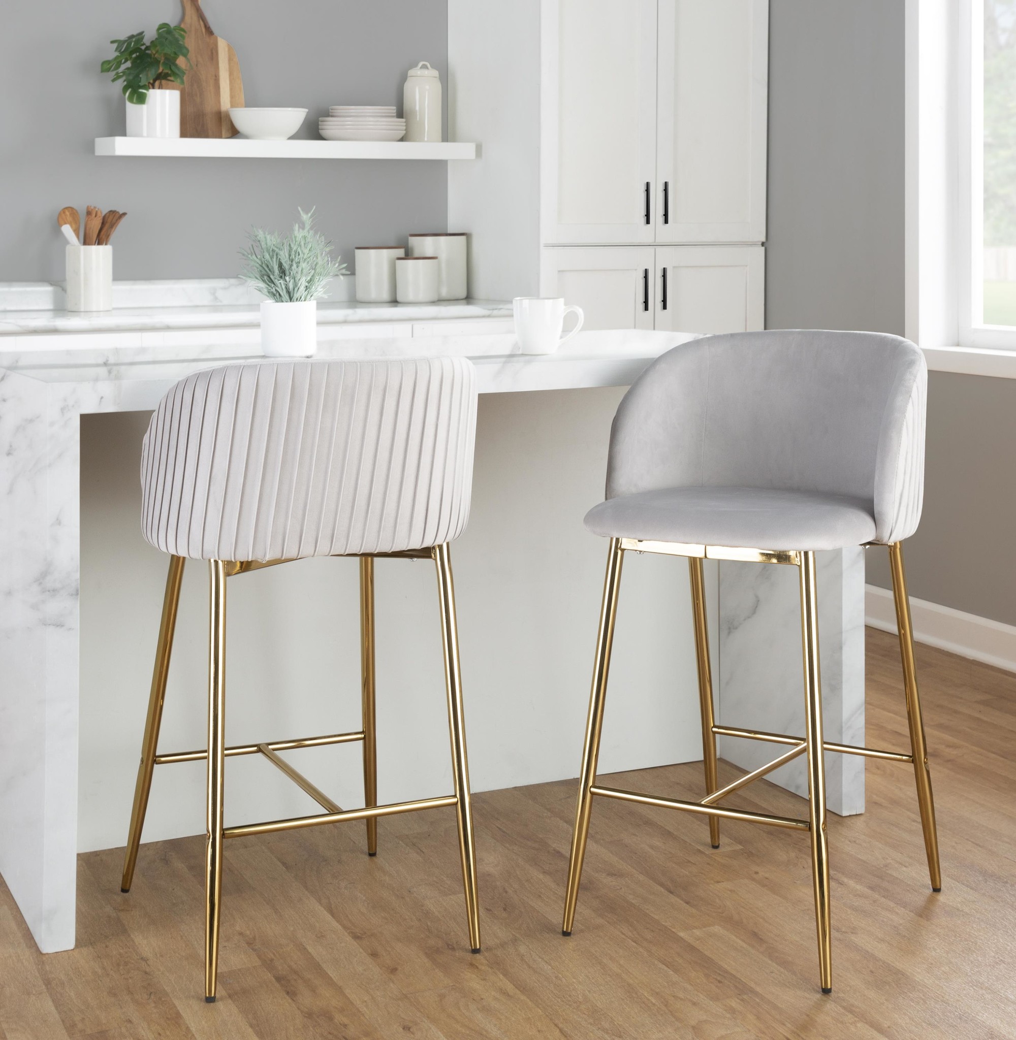 Fran Gold Silver Velvet Pleated Contemporary Counter Stools (Set of 2) 1 Fran Gold Silver Velvet Pleated Contemporary Counter Stools (Set of 2)
